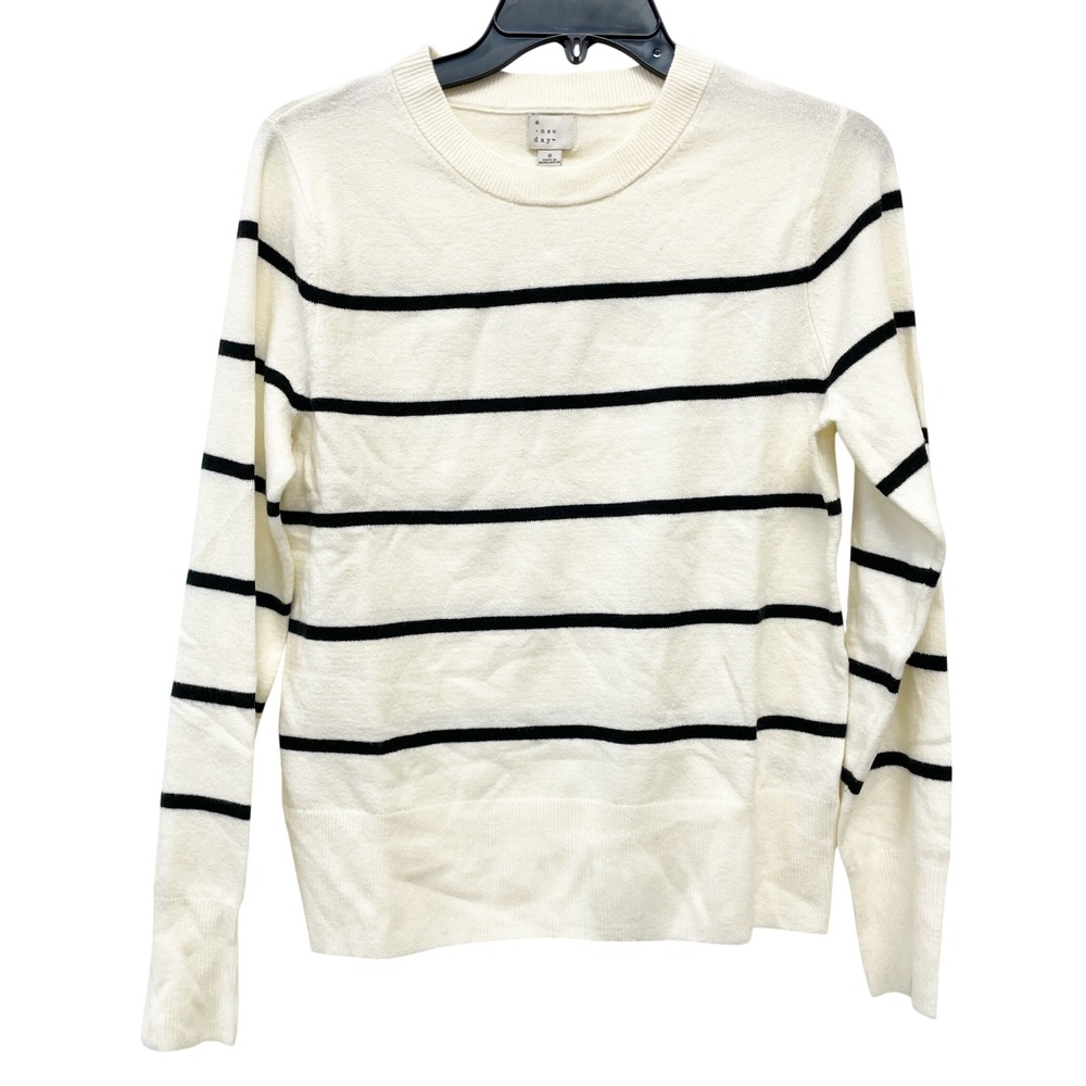 A New Day Women's Cream Striped Crewneck Pullover Sweater Size Small